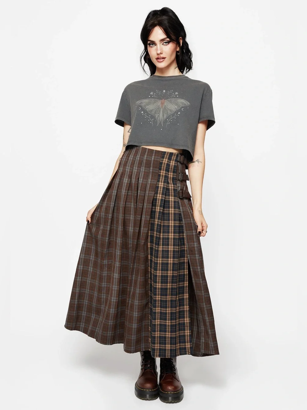 Disturbia Raven Pleated Check Buckle Detail Maxi Skirt US 16 / UK 20